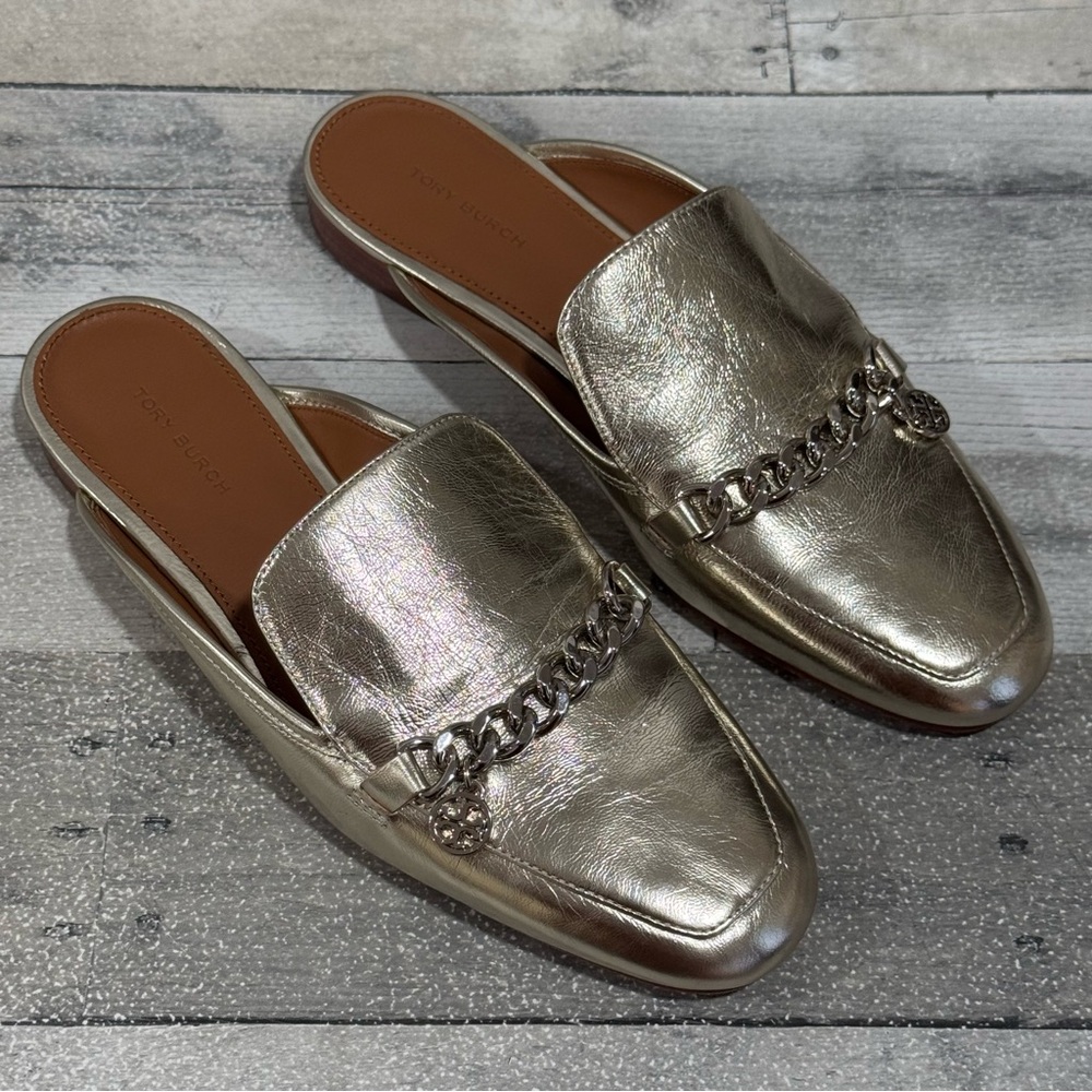 TORY BURCH MINI BENTON LEATHER LOAFER SLIDE IN SPARK GOLD - SZ - 8M